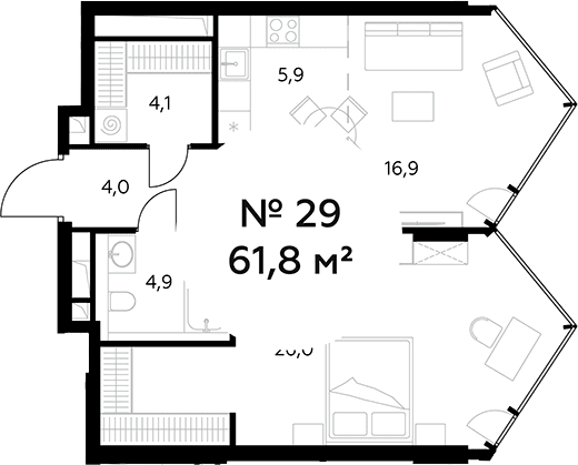 Планировка: Евродвушка 61,8 м² в ЖК «Монблан»