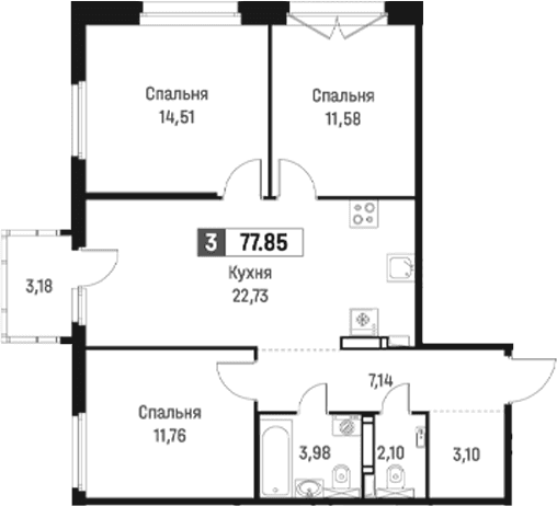 Планировка: Квартира евро-4 76,9 м² в ЖК «Максималист»