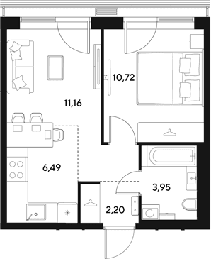 Планировка: Евродвушка 34,5 м² в ЖК «ЭВО»