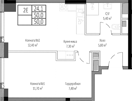 Планировка: Евродвушка 50 м² в ЖК «Мираполис»