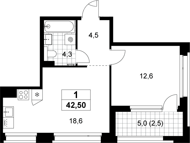 Планировка: Евродвушка 40 м² в ЖК «Хольм»