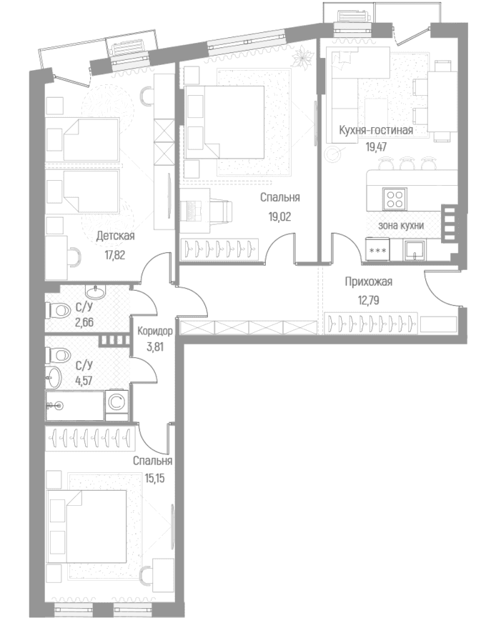 Планировка: 3-комнатная квартира 95,4 м² в ЖК «Эльйон»