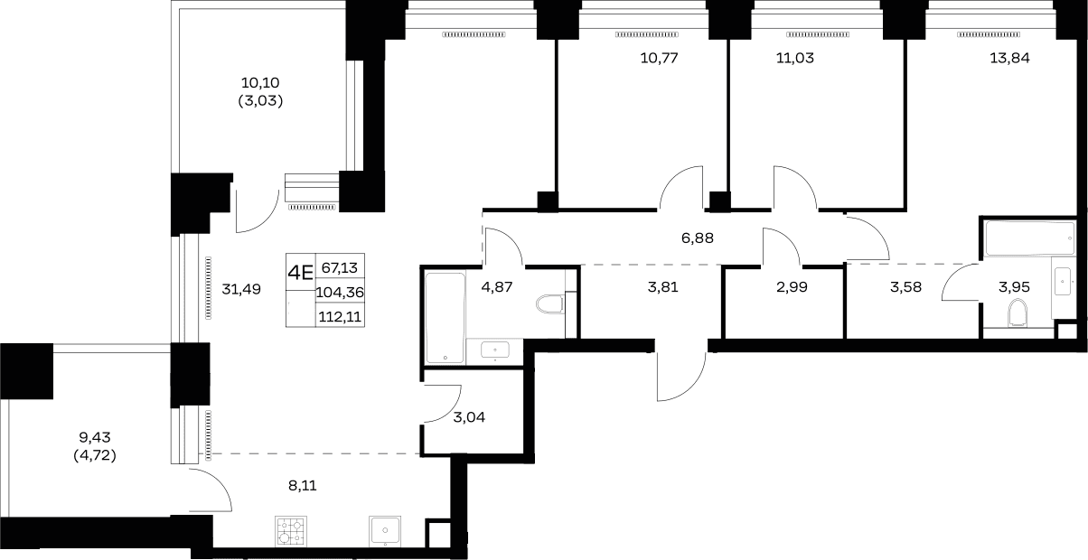 Планировка: Квартира евро-4 104,4 м² в ЖК «НОВА»