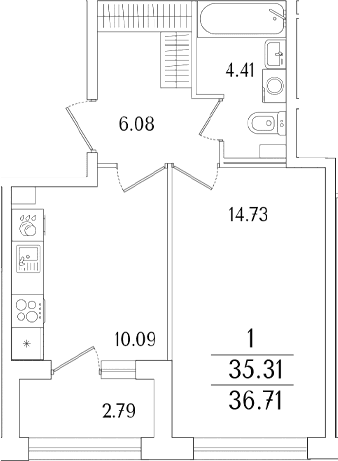 Планировка: 1-комнатная квартира 35,3 м² в ЖК «Аурум»
