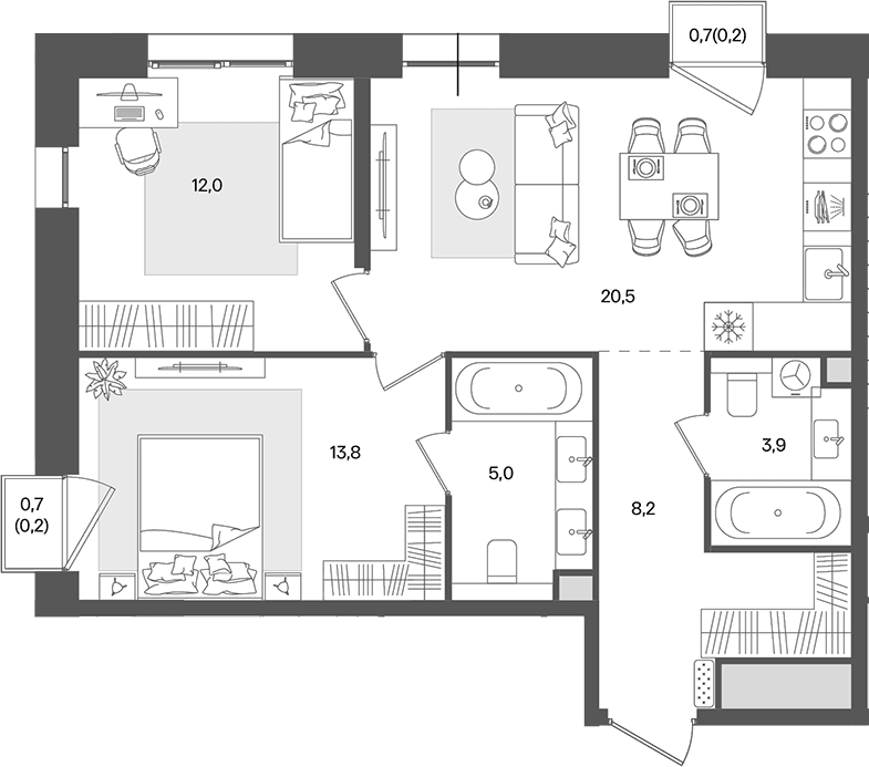 Планировка: Евротрёшка 63,4 м² в ЖК «Пейв»