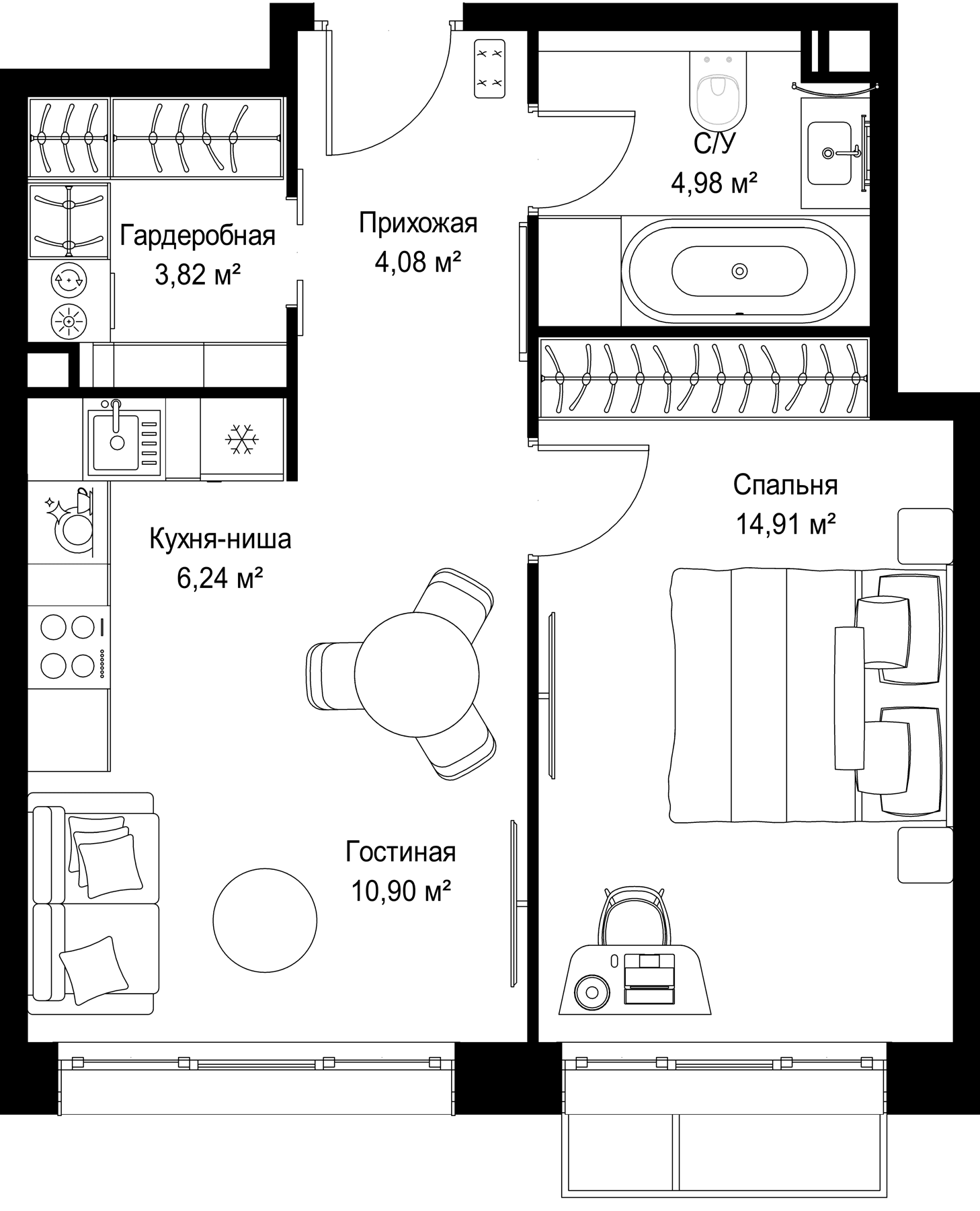 Планировка: Евродвушка 44,9 м² в ЖК «МЫС»