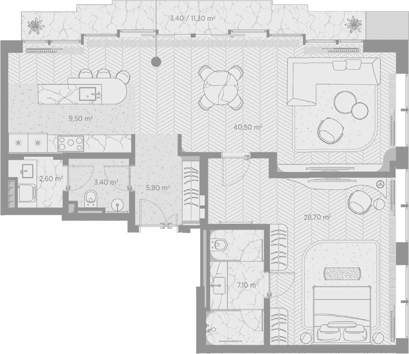 Планировка: 1-комнатная квартира 97,7 м² в ЖК «Николь»