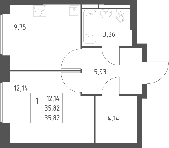 Планировка: 1-комнатная квартира 35,8 м² в ЖК «Большое Юрлово»