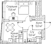 Планировка: 1-комнатная квартира 34,9 м² в ЖК «СЕЗАР БУДУЩЕЕ»