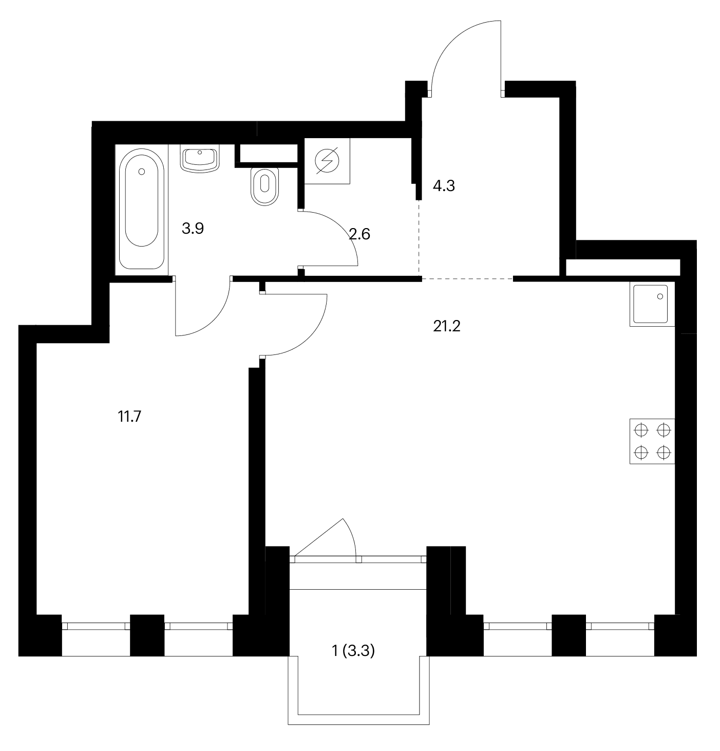 Планировка: 1-комнатная квартира 43,7 м² в ЖК «Строгино 360»