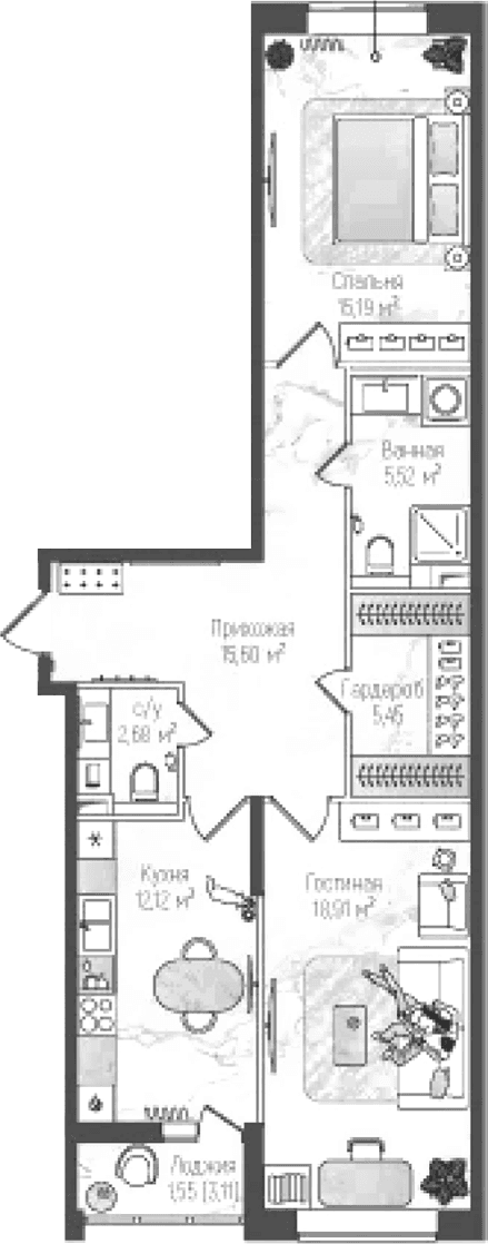Планировка: 2-комнатная квартира 73,9 м² в ЖК «Рига Хиллс»