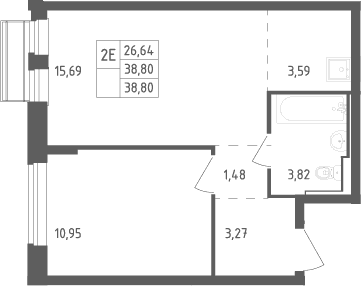 Планировка: Евродвушка 38,8 м² в ЖК «Рублевский квартал»