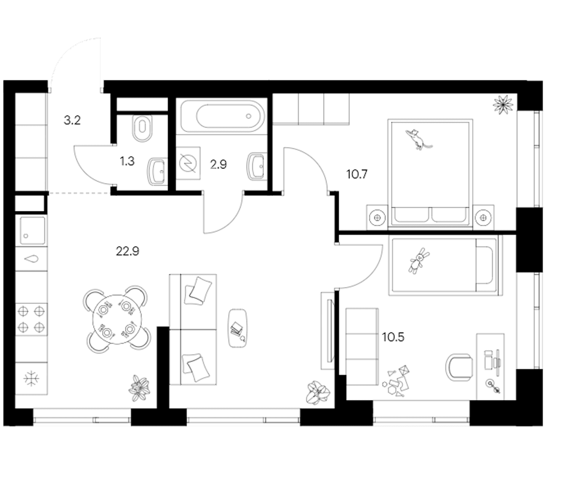 Планировка: 2-комнатная квартира 51,5 м² в ЖК «Бунинская набережная»