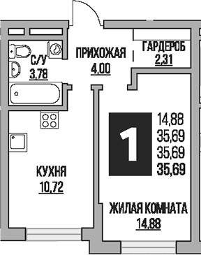 Планировка: 1-комнатная квартира 35,7 м² в ЖК «Гранель Живописный»