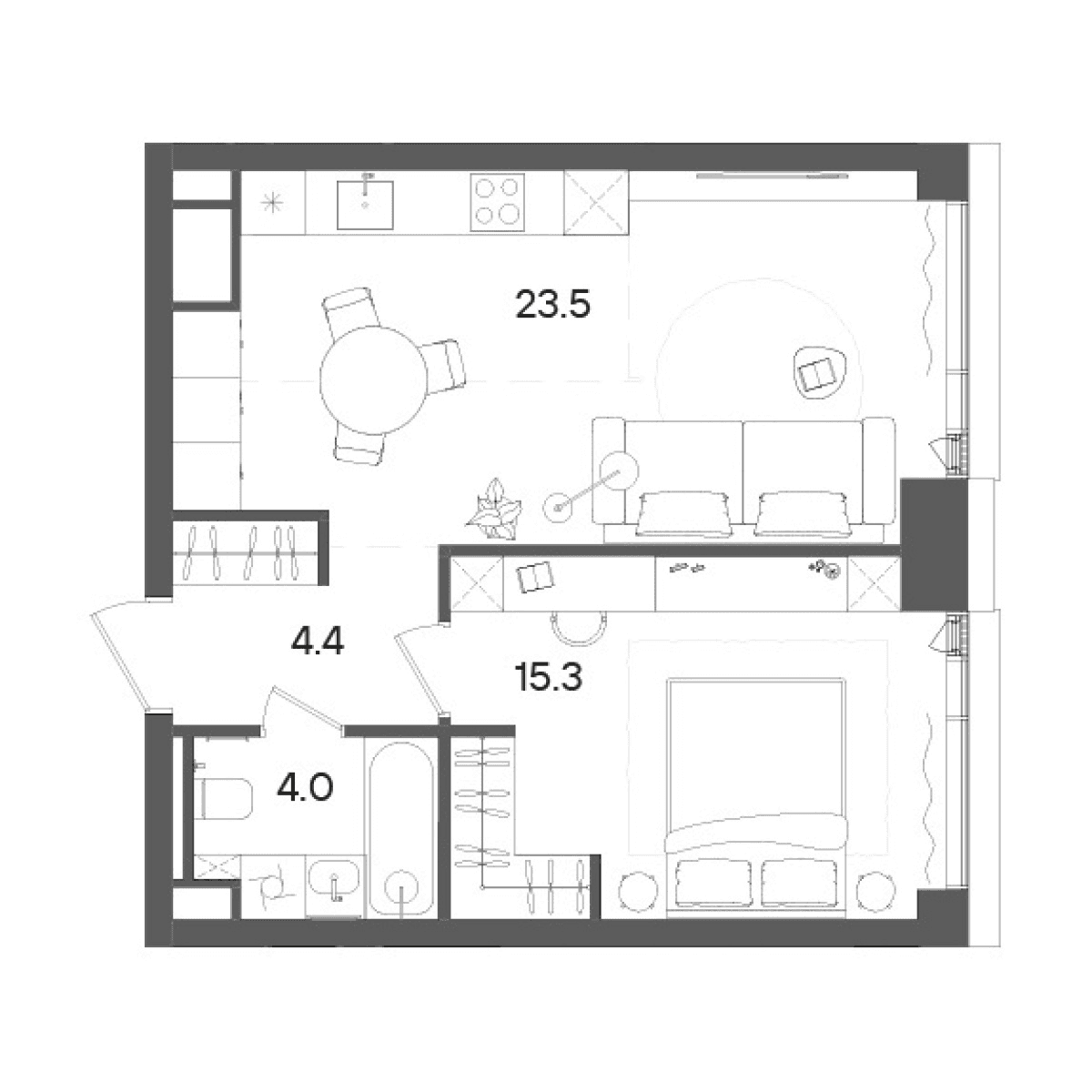 Планировка: Евродвушка 47,2 м² в ЖК «СТОУН Грэйн»