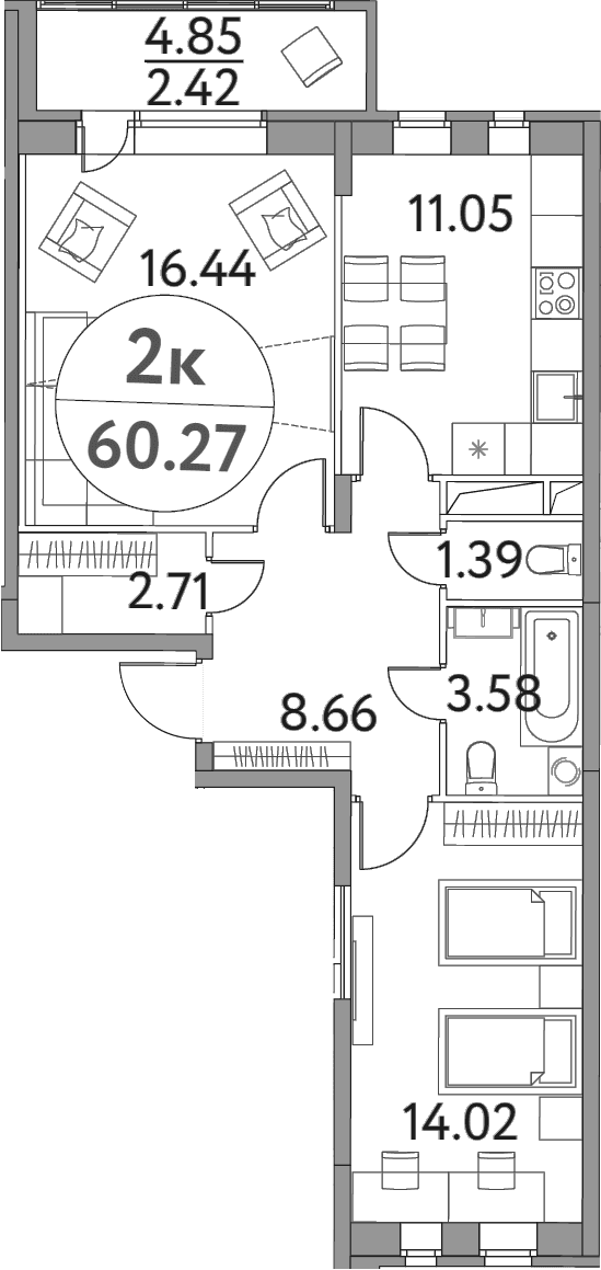 Планировка: 2-комнатная квартира 57,9 м² в ЖК «Солнечная долина»