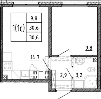 Планировка: 1-комнатная квартира 30,6 м² в ЖК «Ручьи 2»