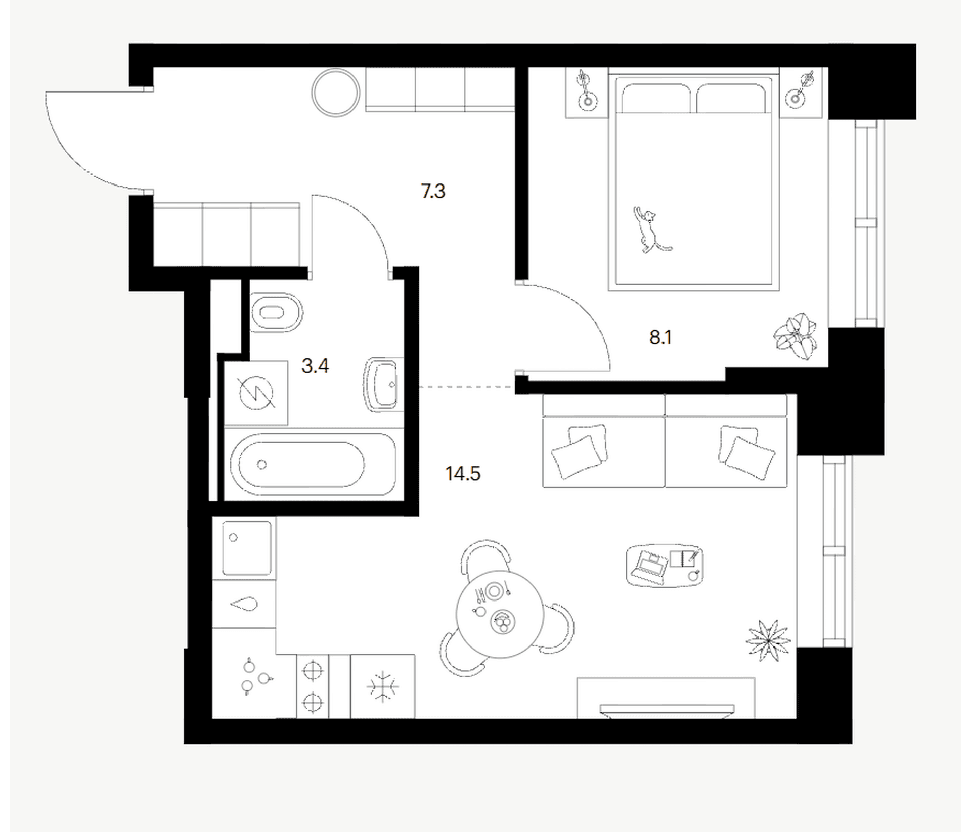 Планировка: 1-комнатная квартира 33,3 м² в ЖК «Зеленый парк»