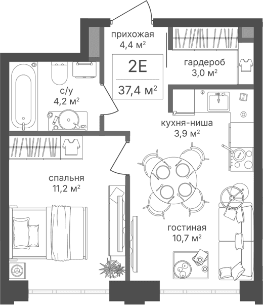 Планировка: Евродвушка 37,4 м² в ЖК «Михалковский»