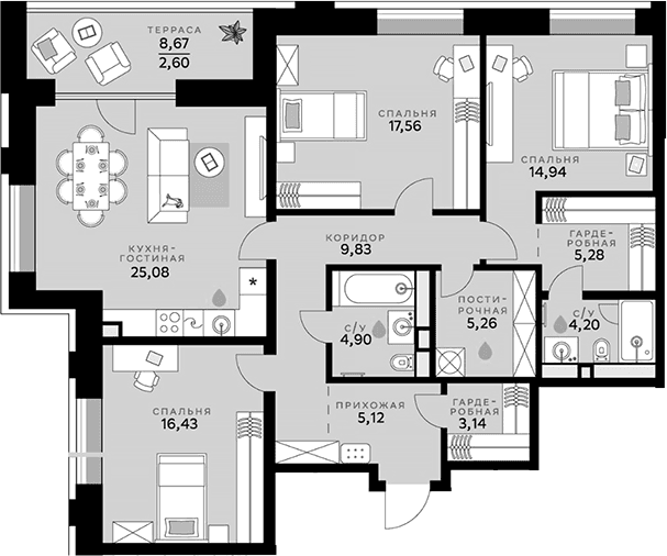 Планировка: Квартира евро-4 111,7 м² в ЖК «СберСити»