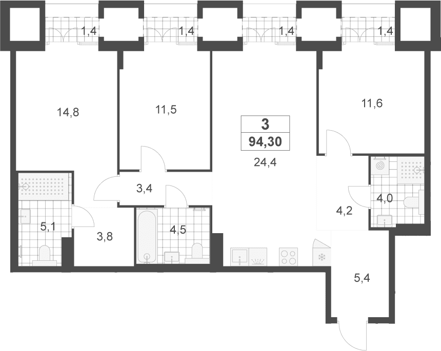 Планировка: Квартира евро-4 92,7 м² в ЖК «Деснаречье»