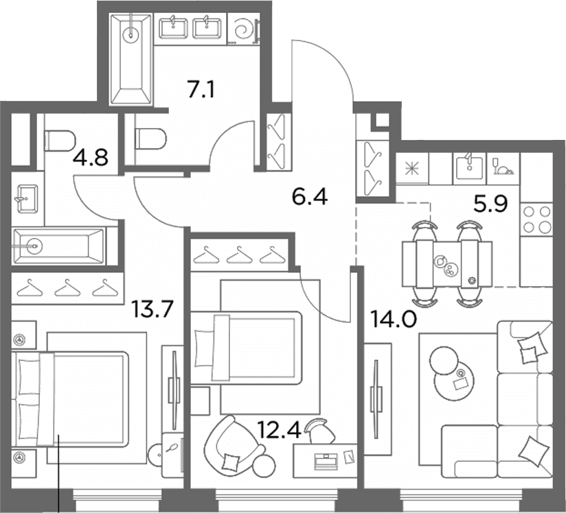 Планировка: Евротрёшка 64,3 м² в ЖК «Станиславский»