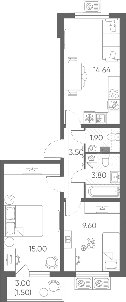 Планировка: Евротрёшка 48,4 м² в ЖК «Ручьи 2»