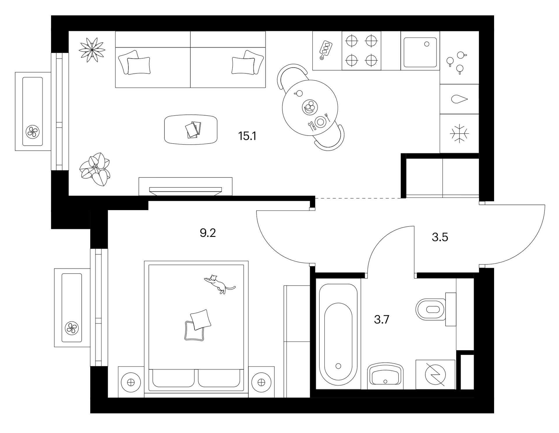 Планировка: 1-комнатная квартира 31,5 м² в ЖК «Белая Дача парк»