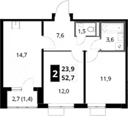 Планировка: 2-комнатная квартира 51,3 м² в ЖК «1-й Донской»