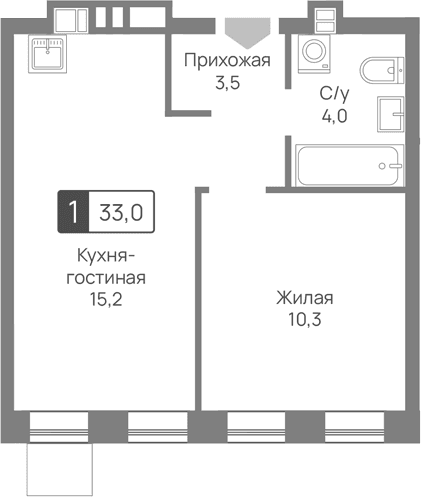 Планировка: Евродвушка 33 м² в ЖК «Лесная Отрада»