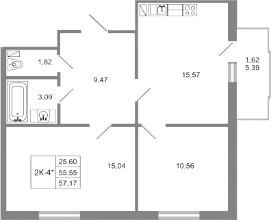 Планировка: Евротрёшка 55,6 м² в ЖК «Стороны света 2»