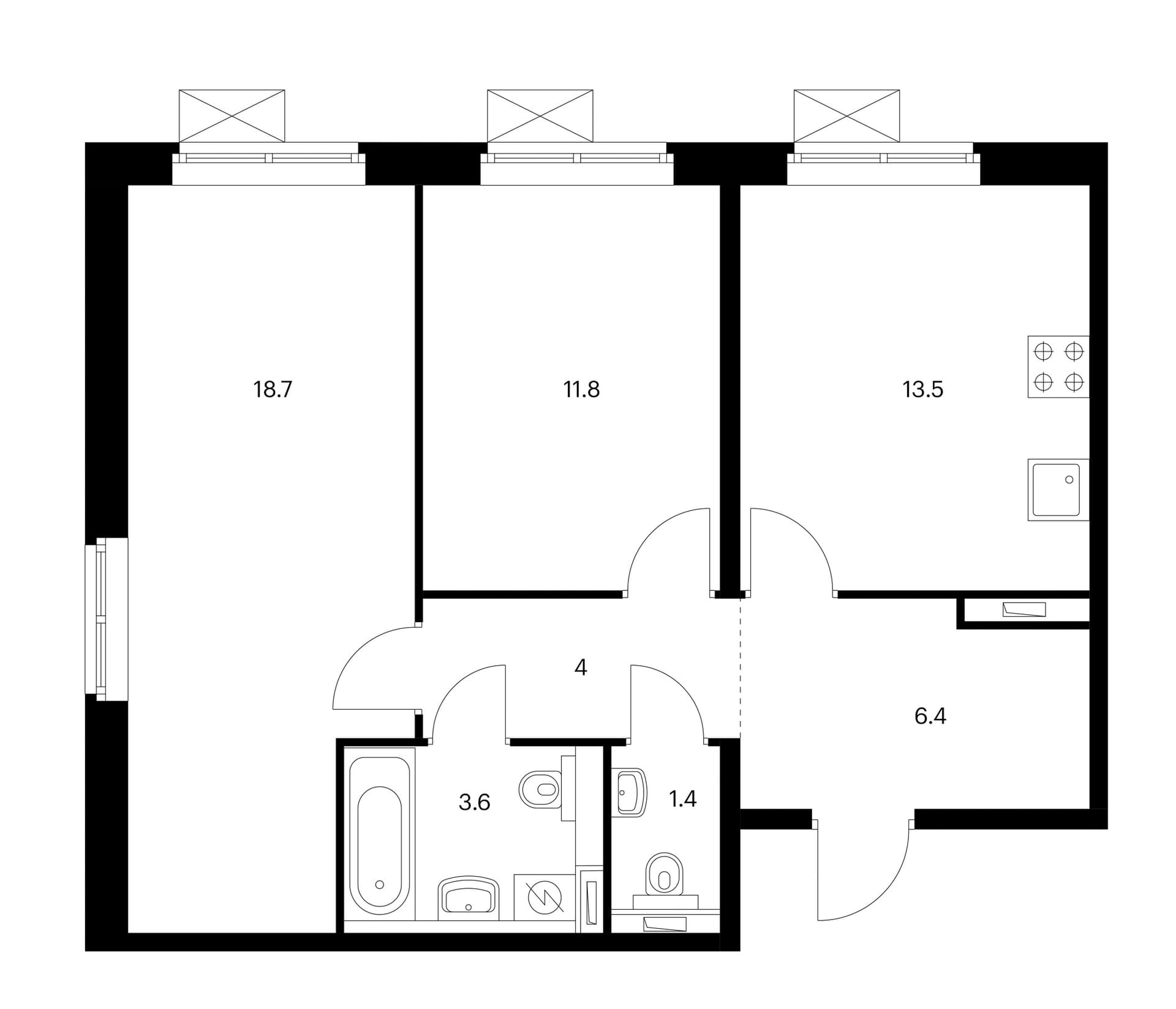 Планировка: 2-комнатная квартира 59,4 м² в ЖК «Белая Дача парк»