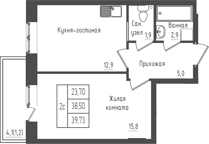 Планировка: 1-комнатная квартира 38,5 м² в ЖК «Зеленый город»