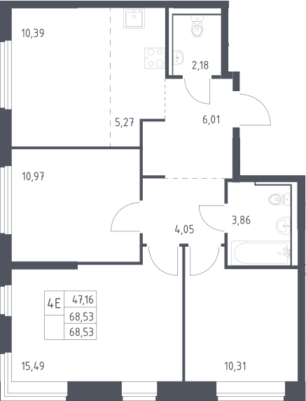 Планировка: Квартира евро-4 68,5 м² в ЖК «Пригород Лесное»