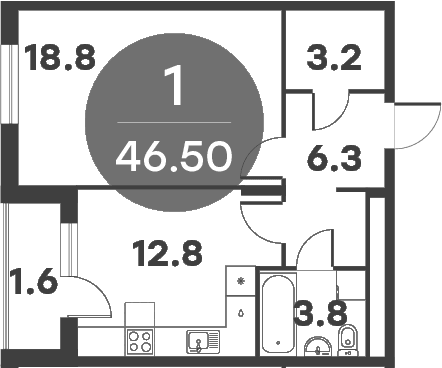 Планировка: 1-комнатная квартира 42,6 м² в ЖК «Равновесие»