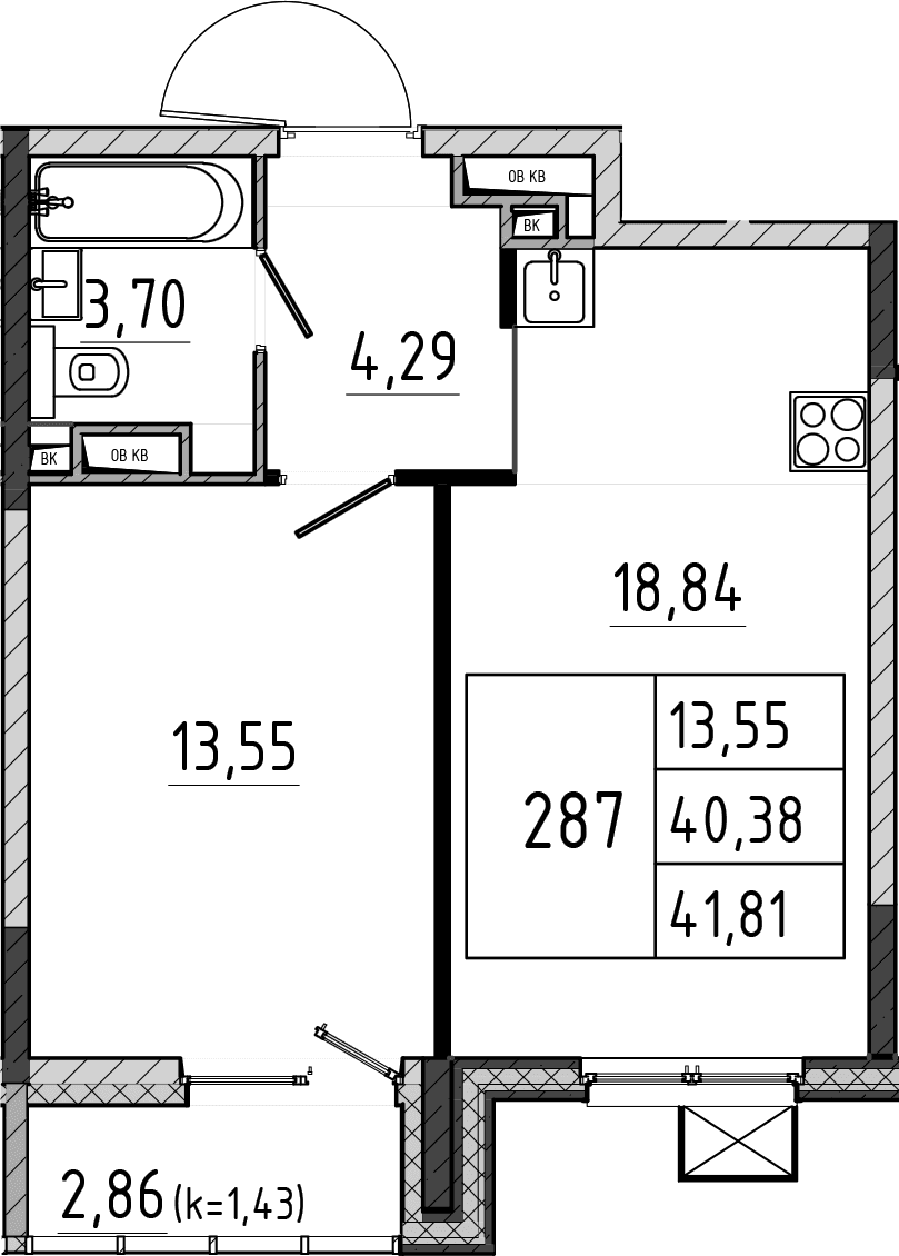 Планировка: Евродвушка 40,4 м² в ЖК «Поварово-Молодежный-2»