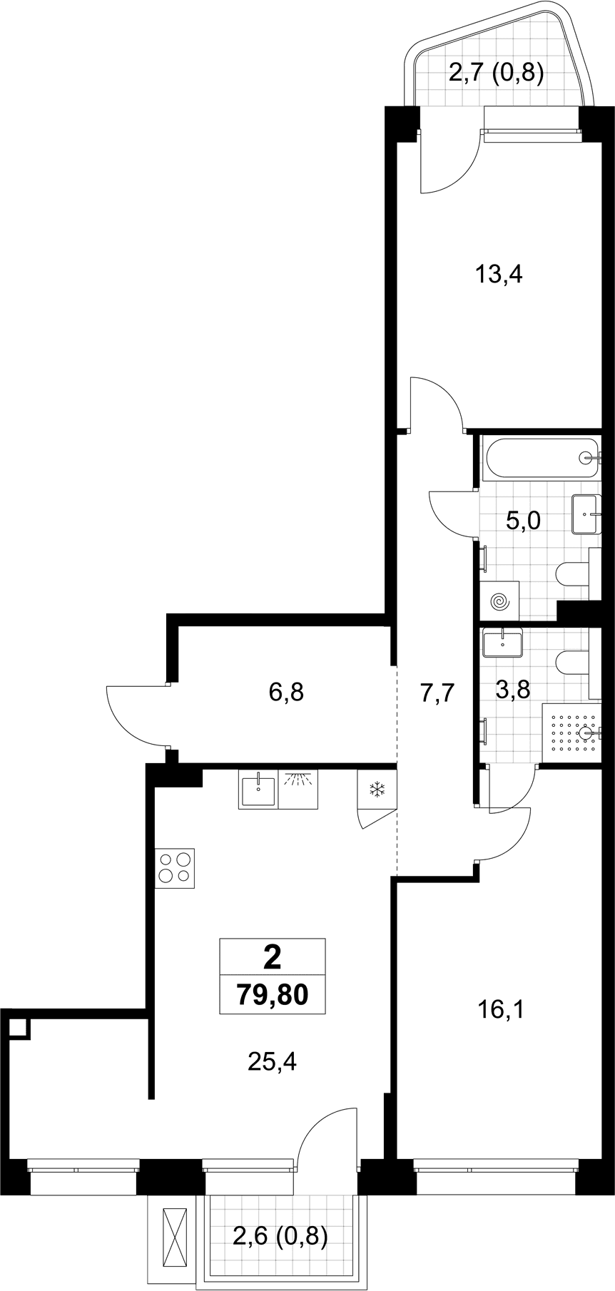 Планировка: Евротрёшка 78,2 м² в ЖК «Хольм»