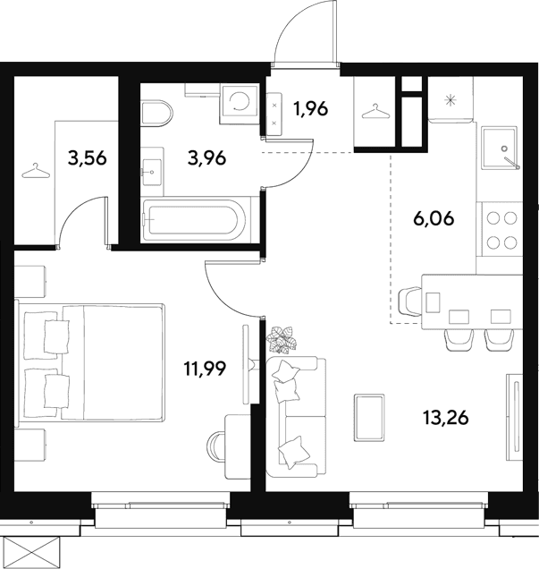 Планировка: Евродвушка 40,8 м² в ЖК «ЭВО»