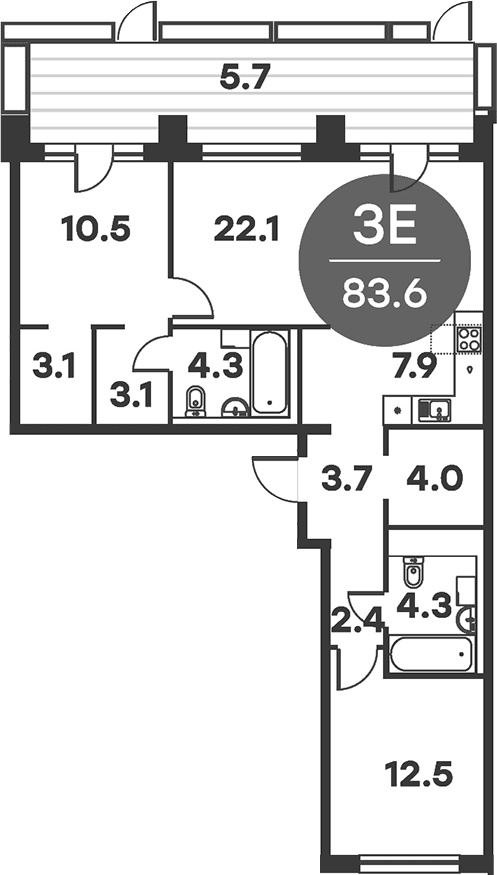 Планировка: Евротрёшка 82,4 м² в ЖК «Равновесие»