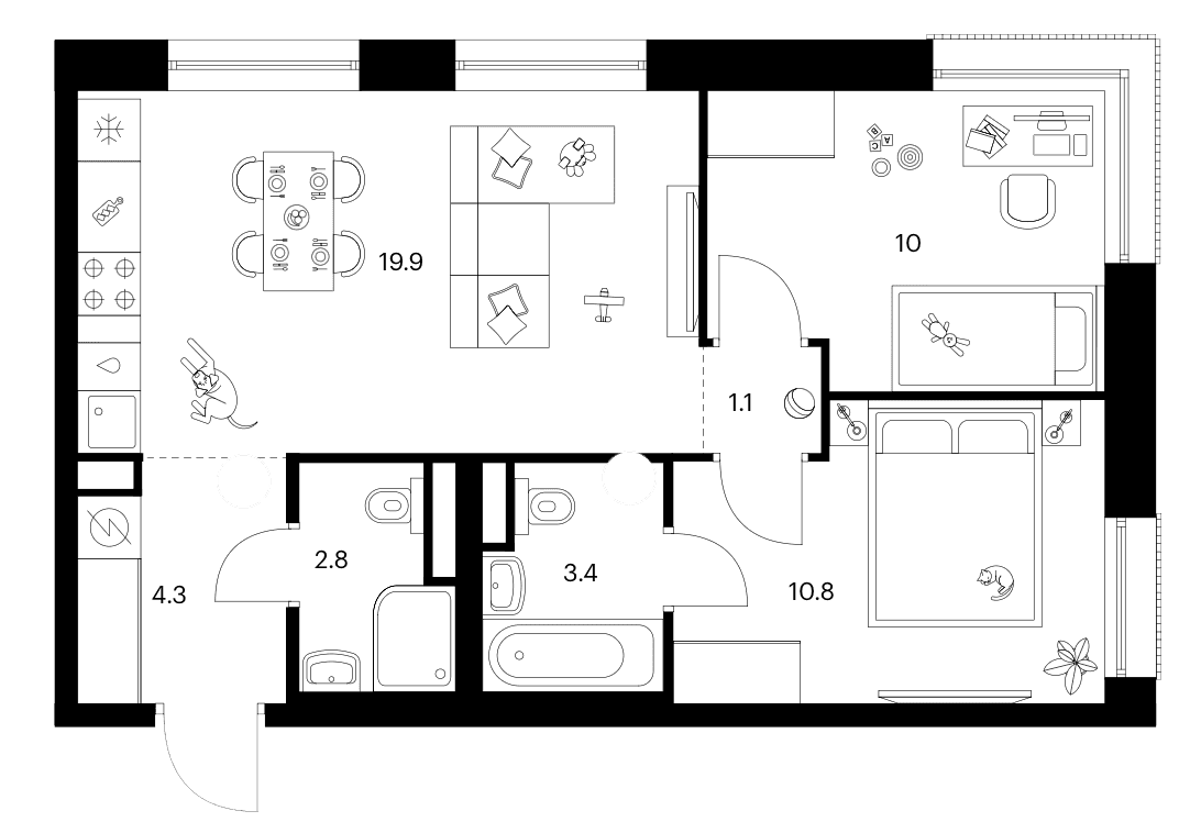 Планировка: 2-комнатная квартира 52,3 м² в ЖК «Москворечье»