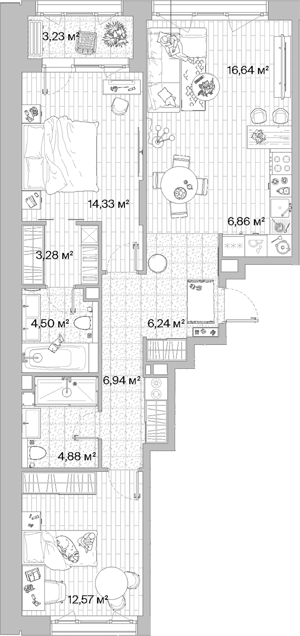 Планировка: Евротрёшка 76,2 м² в ЖК «МЫС»