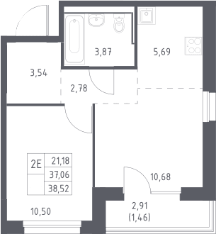 Планировка: Евродвушка 37,1 м² в ЖК «Прибрежный Парк»