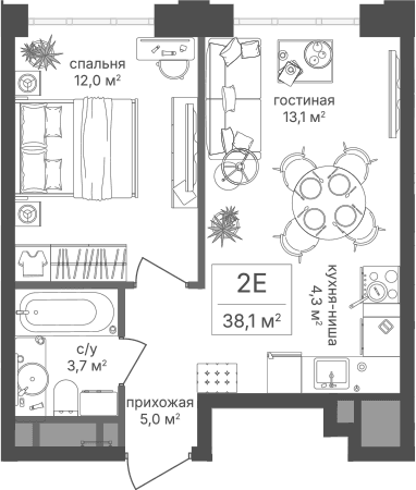 Планировка: Евродвушка 38,1 м² в ЖК «Михалковский»