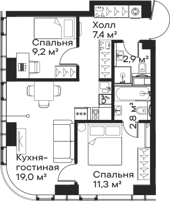 Планировка: Евротрёшка 52,6 м² в ЖК «Сити Бэй»
