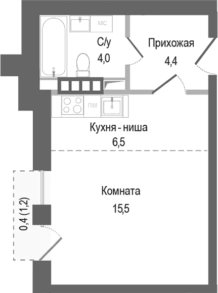 Планировка: Студия 30,4 м² в ЖК «Киноквартал»