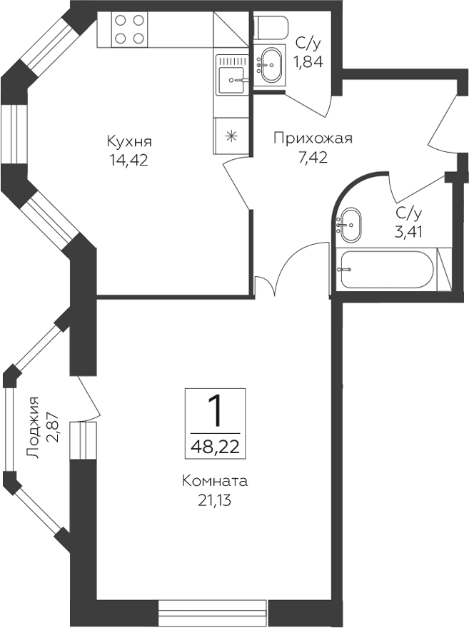Планировка: 1-комнатная квартира 48,2 м² в ЖК «Пахра Сити»