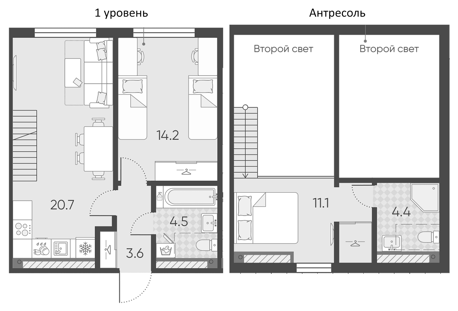 Планировка: Евродвушка 58,5 м² в ЖК «Пулково Лейк»
