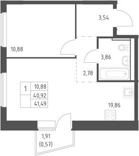 Планировка: Евродвушка 40,9 м² в ЖК «Егорово парк»