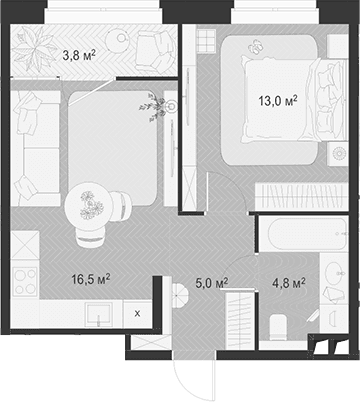 Планировка: Евродвушка 39,3 м² в ЖК «Гранд Комфорт 3»