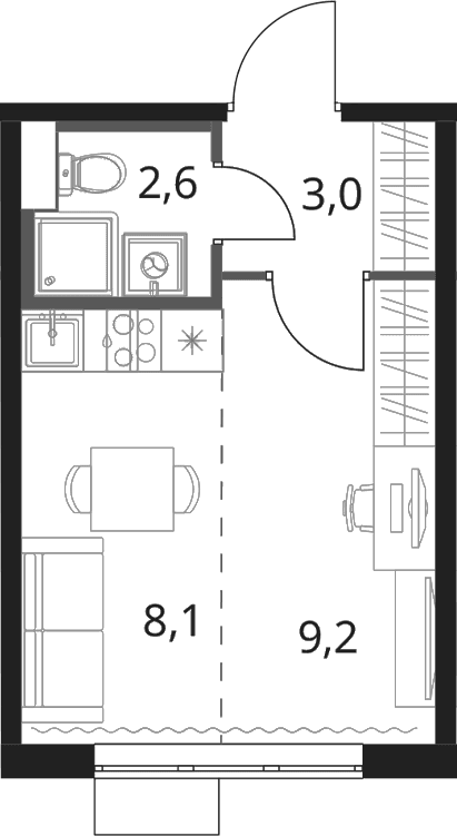 Планировка: Студия 22,9 м² в ЖК «1-й Шереметьевский»
